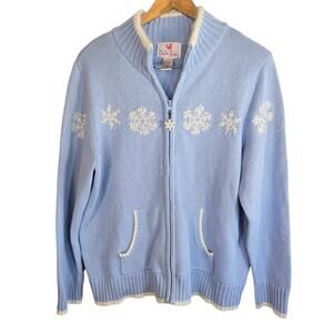 L – Blue Snowflake Zip-Up Cardigan by Quacker Factory